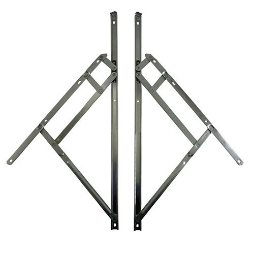 24 inch - 616mm (approx), top hung stainless steel window hinges (friction stays) offer improved security and weather sealing through the use of reduced friction, nylon end cap. 38° Opening Steel Construction