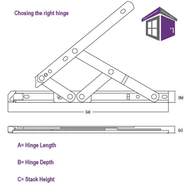 12" Egress Easy Clean Window Friction Hinges (pair) 12" 311mm side hung easy clean egress hinges Diagram Length Depth and stack height