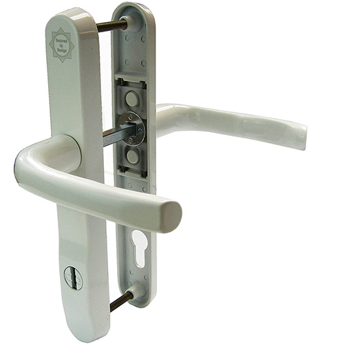 White Mila ProSecure High Security Door Handles PZ92. Mila white ProSecure PAS 24 UPVC Door Handle in chrome gold and white. This Mila ProSecure handle is manufactured in high strength zinc alloy reinforced with 2mm gauge mild steel. It comes in a range of colours. The handle itself provides the visual deterrent which Mila recommends to discourage the opportunist