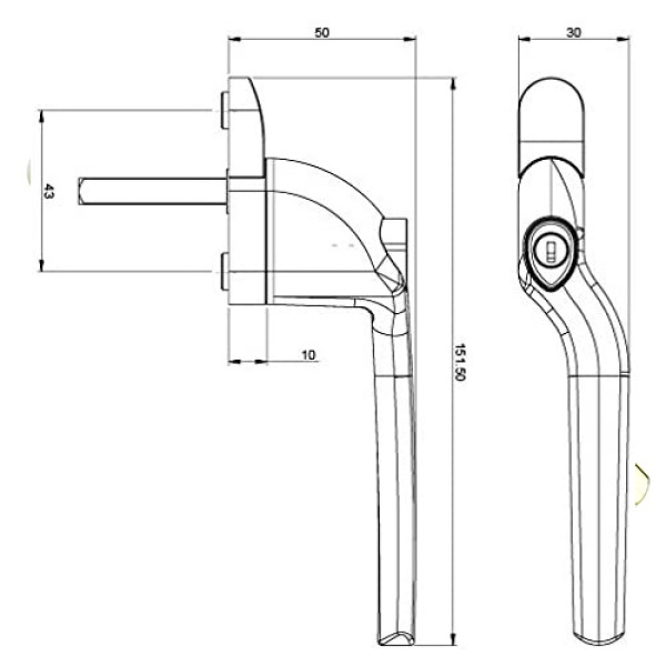 diagram sizes curved Offset cranked locking espag window handles are designed for use with UPVC windows.  these replacement window handles are right or left-handed, this means you must order the hand you require, you can find out which hand you need by checking the direction of the opening. Right-handed - the handles open anti-clockwise. Left-handed - the handles open clockwise. 