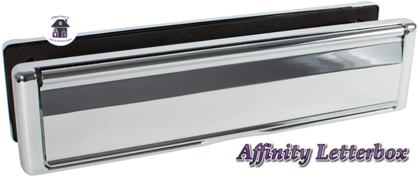 Chrome Avocet Affinity 12" 309mm Letter Box Plate. The Affinity letterbox will take full A4 size mail with an external flap that opens to 180°. Each flap is sprung and comes with a finger slot for easy opening. It has both an external weather seal and an internal draft seal. 
