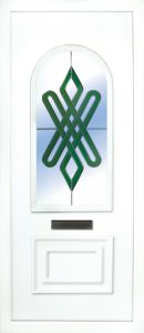 the Blackwater beveled green PVC Door Insert Panel is a 2 panels door, this design is more a 2/3 and 1/3 panel design, the bottom panel is square and the top is beautifully arched. This panel comes in a choice of colours and 6 glass designs so there is something for every design taste.