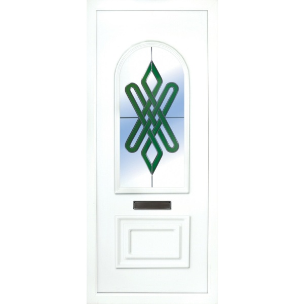 the Blackwater beveled green PVC Door Insert Panel is a 2 panels door, this design is more a 2/3 and 1/3 panel design, the bottom panel is square and the top is beautifully arched. This panel comes in a choice of colours and 6 glass designs so there is something for every design taste.