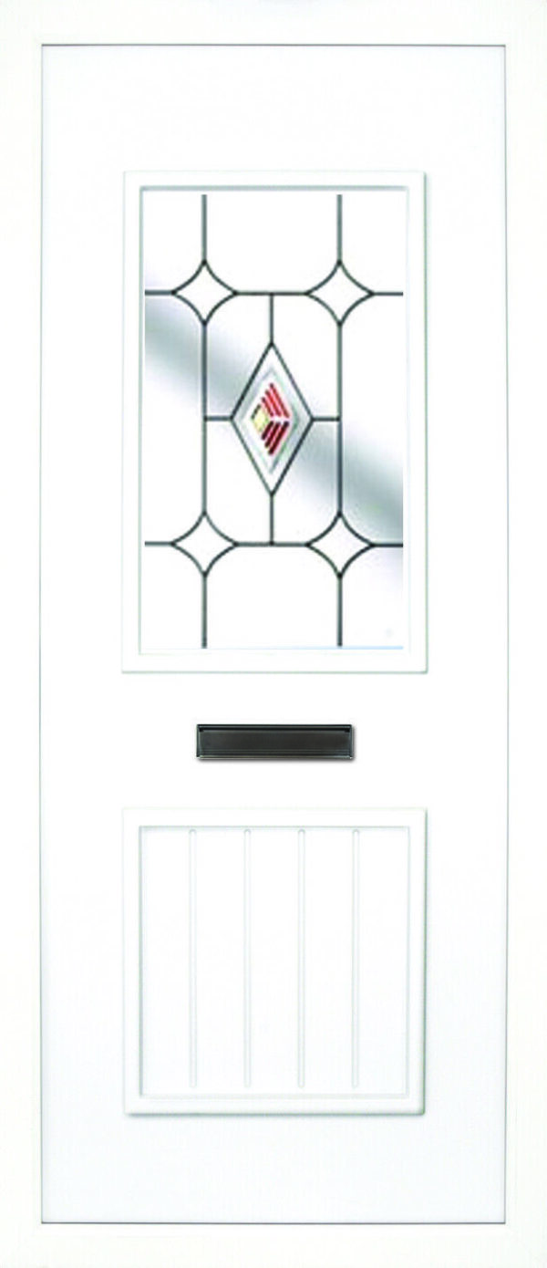 The Finn leaded fusion PVC door insert panels is a 2-panel insert. The bottom panel is a T&T design and the top is rectangular in design, the Finn has 3 glass designs to choose from.