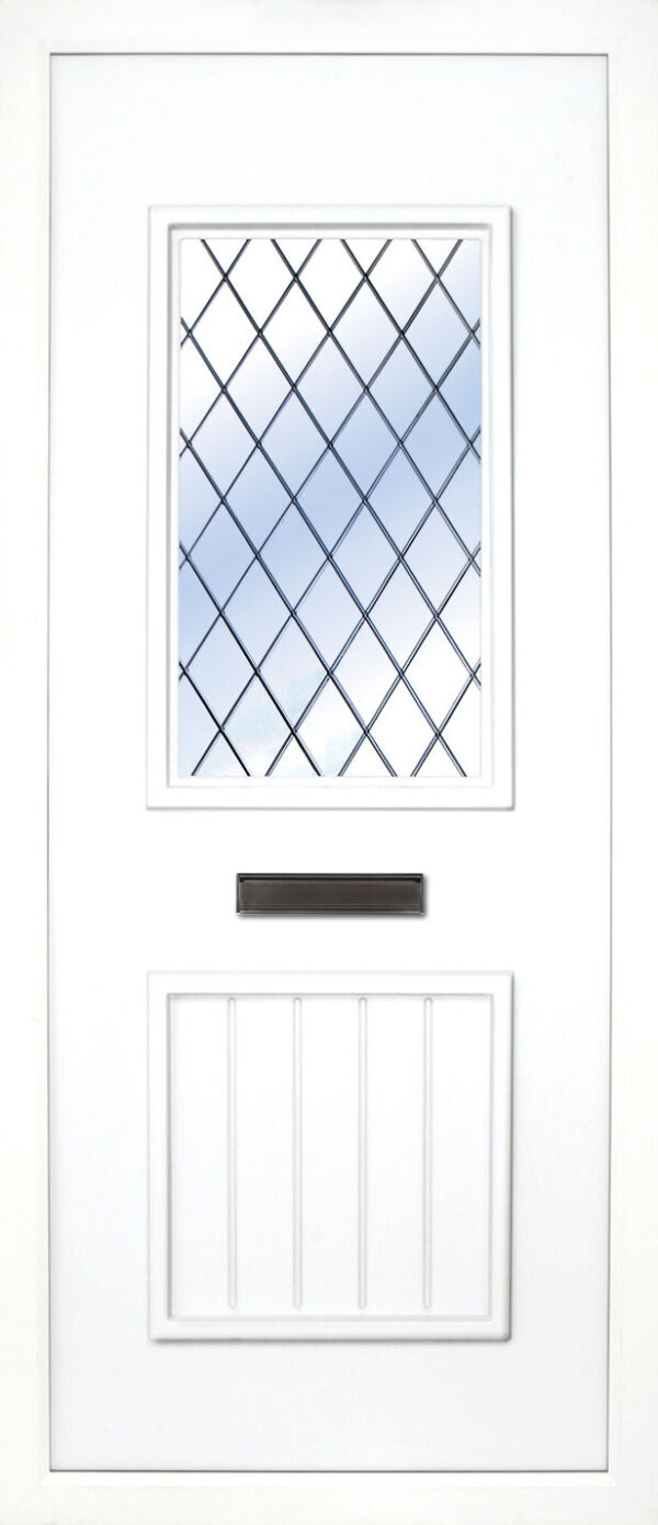 The Finn Leaded PVC door insert panels is a 2-panel insert. The bottom panel is a T&T design and the top is rectangular in design, the Finn has 3 glass designs to chose from.
