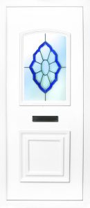 The Foyle beveled blue PVC door insert panel, the bottom panel is square panel design with the top having an ever so slight arch to the top, you have 5 glass designs to choose from and the Foyle 2 has a glass penal to the TOP AND BOTTOM of the panel.