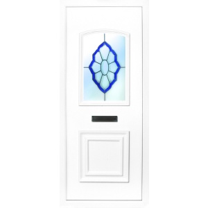 The Foyle beveled blue PVC door insert panel, the bottom panel is square panel design with the top having an ever so slight arch to the top, you have 5 glass designs to choose from and the Foyle 2 has a glass penal to the TOP AND BOTTOM of the panel.