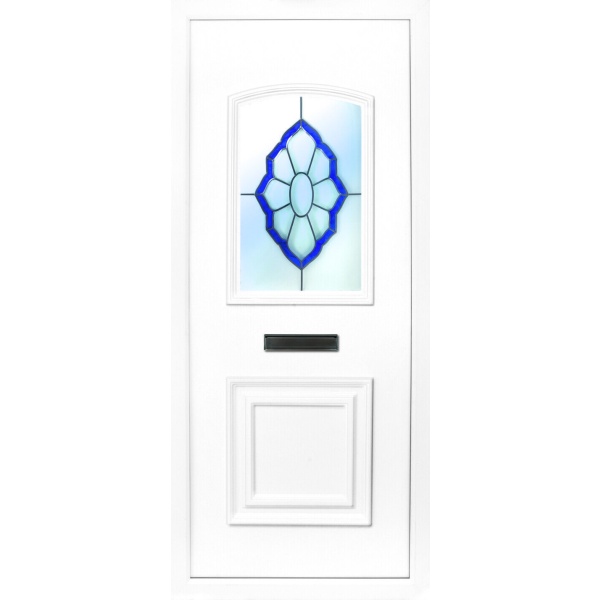 The Foyle beveled blue PVC door insert panel, the bottom panel is square panel design with the top having an ever so slight arch to the top, you have 5 glass designs to choose from and the Foyle 2 has a glass penal to the TOP AND BOTTOM of the panel.