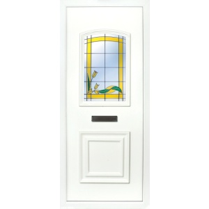 The Foyle yellow rose 2 panel PVC door insert panel, the bottom panel is square panel design with the top having an ever so slight arch to the top, you have 5 glass designs to choose from and the Foyle 2 has a glass penal to the TOP AND BOTTOM of the panel.