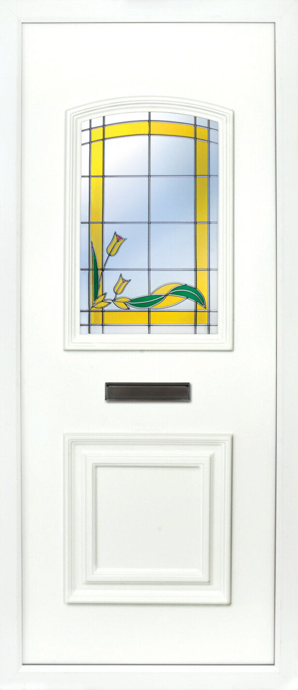 The Foyle yellow rose 2 panel PVC door insert panel, the bottom panel is square panel design with the top having an ever so slight arch to the top, you have 5 glass designs to choose from and the Foyle 2 has a glass penal to the TOP AND BOTTOM of the panel.