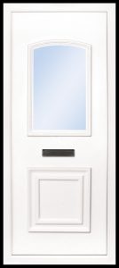 The Foyle 2 panel PVC door insert panel, the bottom panel is square panel design with the top having an ever so slight arch to the top, you have 5 glass designs to choose from and the Foyle 2 has a glass penal to the TOP AND BOTTOM of the panel.