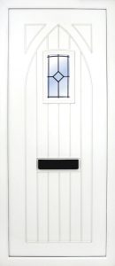 the Gothic Glazed PVC Door Insert Panel is just that, a T&G Gothic top design door with a semi arch glass pane to the top. It will suit any home but is at home with stone facades or old stone cottages. There is a choice of 2 glass designs and a large section of colours
