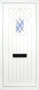the Gothic Leaded PVC Door Insert Panel is just that, a T&G Gothic top design door with a semi arch glass pane to the top. It will suit any home but is at home with stone facades or old stone cottages. There is a choice of 2 glass designs and a large section of colours