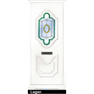The Lagan Yello PVC Door insert panel has 2 distinct panels with are florelette in design, the bottom panel is solid and the top panel has a choice of 6 glass designs to choose from.