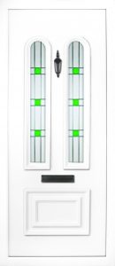 the Main Leaded PVC door insert panel is a beautiful and elegant design, with a 1/3 and 2/3 panel ratio. the bottom panel is rectangular in shape and the top has two beautiful and elegant arched glass panels, the Main comes in 3 glass design choices.