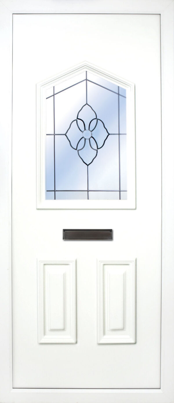the Moy PVC Door Insert Panel is a unique 3-panel design, with 2 smaller panels to the bottom and one larger triangle box glass designed on top. You can choose from 3 glass designs with this panel