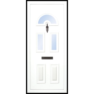 The Moyola 4 panel has 4 panels, 2 solid on the bottom and two glass panes on top with a “sunbeam” panel to the top the glass can be clear or obscure.