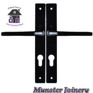 Black Munster Joinery uPVC Door Handle. The size is 70mm PZ with 200mm screw distance, this handle is usually fitted with the Ferco Multi-point Door Lock. This Replacement Door Handle is designed for Exterior doors to suit multipoint locks on uPVC, Aluminium and Timber Doors.  Fixing lugs are included which makes it easier fitting. Replacement PVC door Handle for sale, Door parts near me, Window and door parts. door accessories, window accessories, where to buy window and door parts