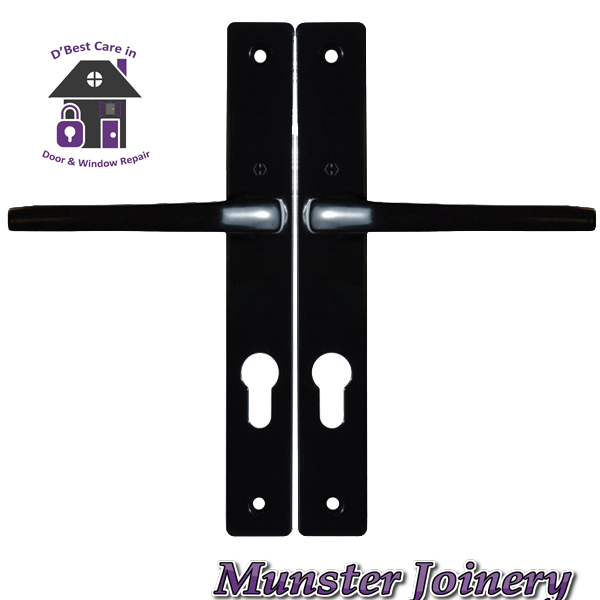 Black Munster Joinery Frankfurt uPVC Door Handle. The size is 70mm PZ with 200mm screw distance, this handle is usually fitted with the Ferco Multi-point Door Lock. This Replacement Door Handle is designed for Exterior doors to suit multipoint locks on uPVC, Aluminium and Timber Doors.  Fixing lugs are included which makes it easier fitting. Replacement PVC door Handle for sale, Door parts near me, Window and door parts. door accessories, window accessories, where to buy window and door parts