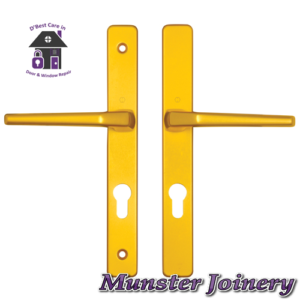 Gold Munster Joinery uPVC Door Handle. The size is 70mm PZ with 200mm screw distance, this handle is usually fitted with the Ferco Multi-point Door Lock. This Replacement Door Handle is designed for Exterior doors to suit multipoint locks on uPVC, Aluminium and Timber Doors.  Fixing lugs are included which makes it easier fitting.