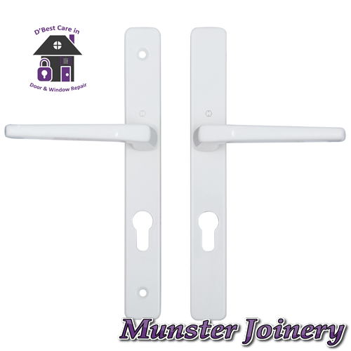 White Munster Joinery uPVC Door Handle. The size is 70mm PZ with 200mm screw distance, this handle is usually fitted with the Ferco Multi-point Door Lock. This Replacement Door Handle is designed for Exterior doors to suit multipoint locks on uPVC, Aluminium and Timber Doors.  Fixing lugs are included which makes it easier fitting.