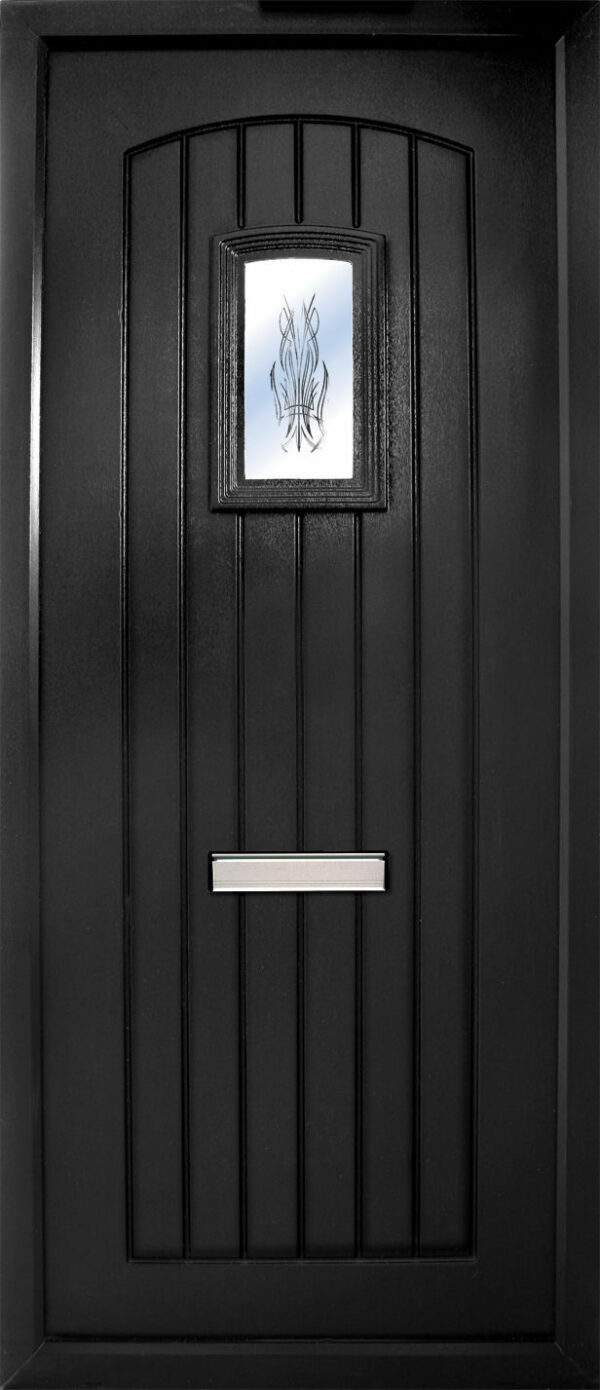 The Nenagh in black is a contemporary design with t&G design with a small slightly arched glass panel to the top. It comes in an array of colours and 4 glass design options.