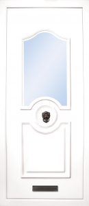 The Shannon PVC door insert panels is a sleek design with 2 panels. the bottom and top panels are convex arches and around panels in the center for your doorknob, it is an elegant choice for the more sleek home. There is a choice of colors and 4 glass designs