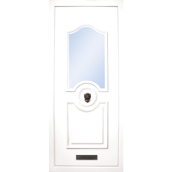 The Shannon PVC door insert panels is a sleek design with 2 panels. the bottom and top panels are convex arches and around panels in the center for your doorknob, it is an elegant choice for the more sleek home. There is a choice of colors and 4 glass designs