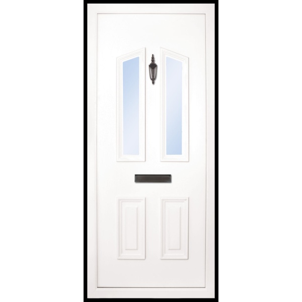 The Bann 4 panel PVC door Insert Panel has 4 panels, 2 smaller ones to the bottom typically 2/3 to 1.3 ratio and the top two have a slight triangulated effect. The top two-pane have a choice of solid, clear glass or glass design, and you can also choose all 4 panels in glass design, so this panel really is a bespoke design,