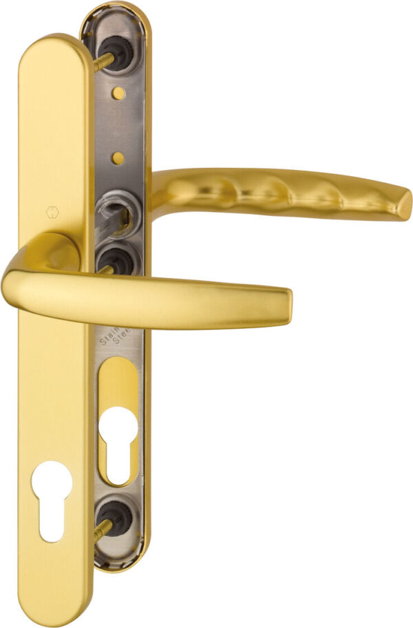 Hoppe Atlanta 240mm Backplate 122mm Screws Sprung 92PZ gold, pvc door handle, composite door handle