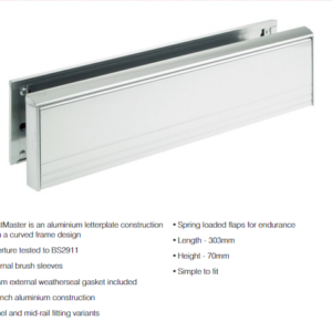 wher can ui buy a letterbox for my door, looking for a new letterbox, letterboxes for sale online, letterbox for sale near me â€¢ 300mm x 70mm â€¢ Letterbox with aluminium frame and flap for use on most types of residential door â€¢ All aluminium letterplate with plastic telescopic inner sleeves â€¢ To suit doors 40mm to 80mm thick â€¢ Available in brass anodised and satin aluminium finish â€¢ Closed cell foam gaskets externally â€¢ Nylon brush seals internally
