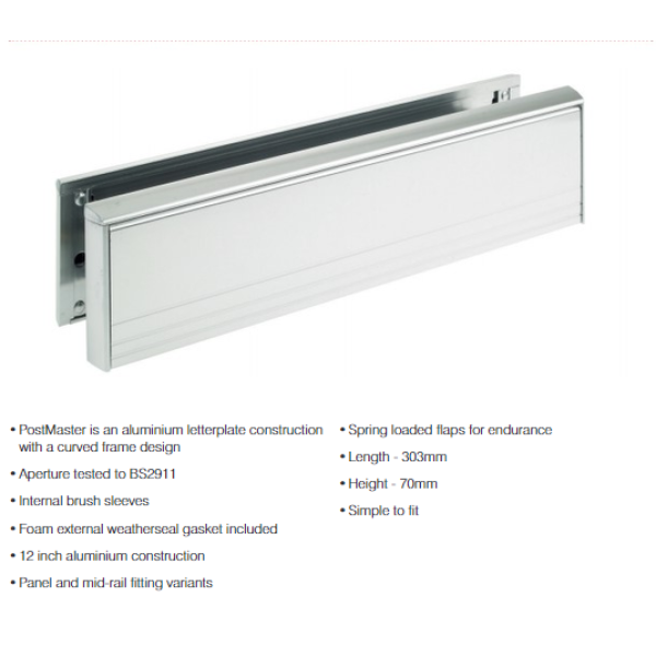 wher can ui buy a letterbox for my door, looking for a new letterbox, letterboxes for sale online, letterbox for sale near me • 300mm x 70mm • Letterbox with aluminium frame and flap for use on most types of residential door • All aluminium letterplate with plastic telescopic inner sleeves • To suit doors 40mm to 80mm thick • Available in brass anodised and satin aluminium finish • Closed cell foam gaskets externally • Nylon brush seals internally