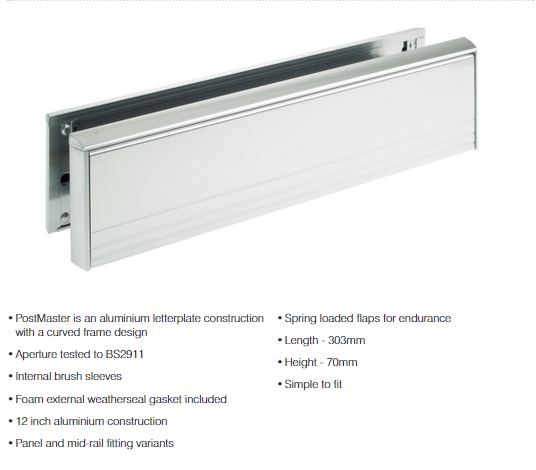 wher can ui buy a letterbox for my door, looking for a new letterbox, letterboxes for sale online, letterbox for sale near me • 300mm x 70mm • Letterbox with aluminium frame and flap for use on most types of residential door • All aluminium letterplate with plastic telescopic inner sleeves • To suit doors 40mm to 80mm thick • Available in brass anodised and satin aluminium finish • Closed cell foam gaskets externally • Nylon brush seals internally