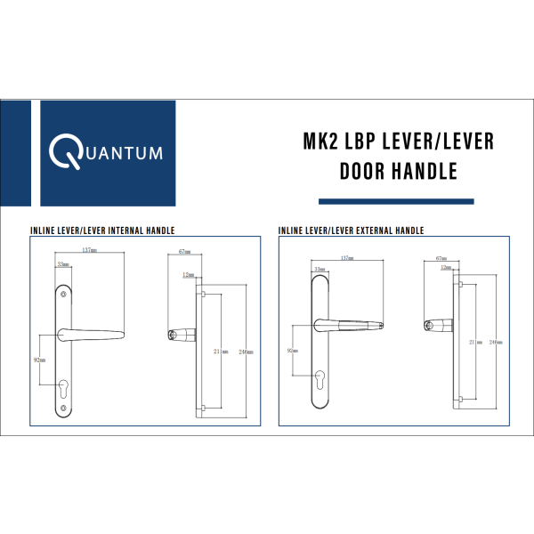 QUANTUM LONG BACK PLATE Designed with both functionality and aesthetics in mind, our premium Quantum MK2 Long Back Plate door handles are fully suited with the door and window furniture from the same range, delivering a consistent high quality & stylish look. 211mm screw centres door handle, 210mm screw centres door handle specificaiton