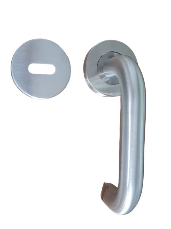 im looking for disabled door handle with escutcheon where can i find best place to buy shop office school door handles Nera Safety Lever on Sprung Rose Grade 304 with escutcheon